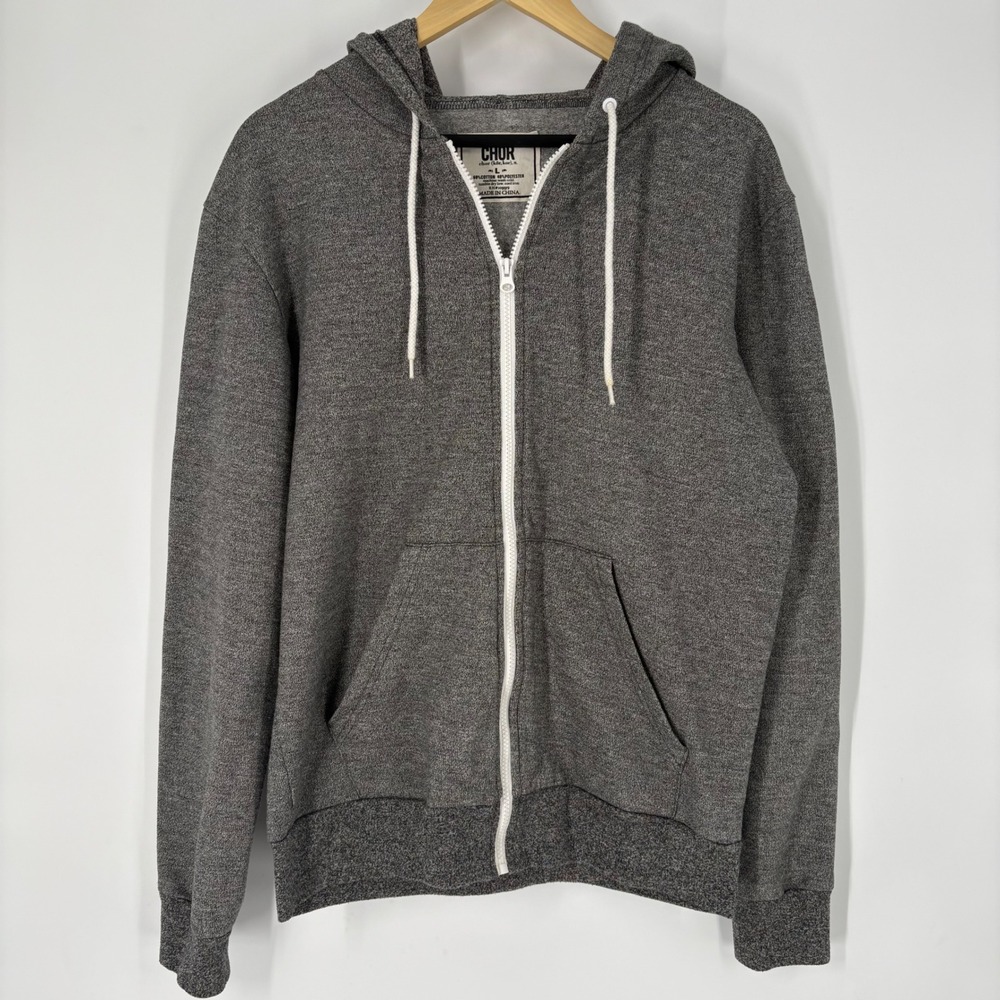 Y2K CHOR Mens Full Zip Hoodie Charcoal Heather Grey Cotton Blend Size L Grunge